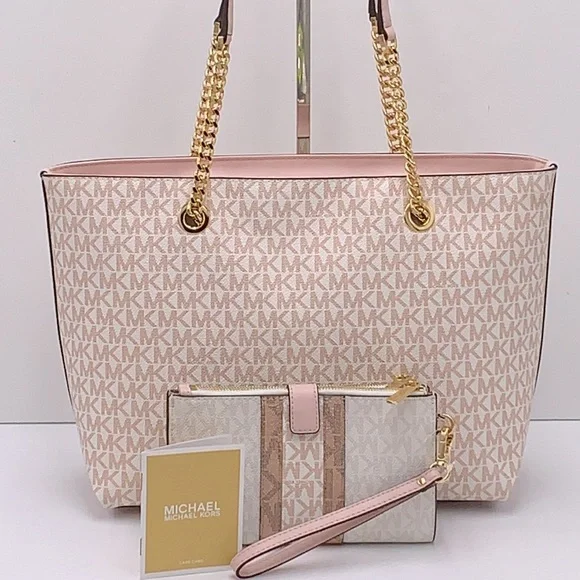 MICHAEL KORS Medium Zip Front Logo Chain Tote Bag & LARGE DOUBLE ZIP WRISTLET - Picture 2 of 16